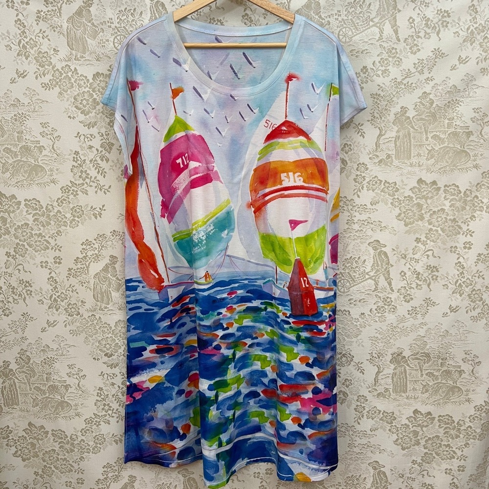 Art Sol Ellen Negley Dress Dopamine Dressing Watercolor Sailboat TShirt Size L